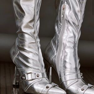Metallic Buckle Detail High Heeled Knee Boots